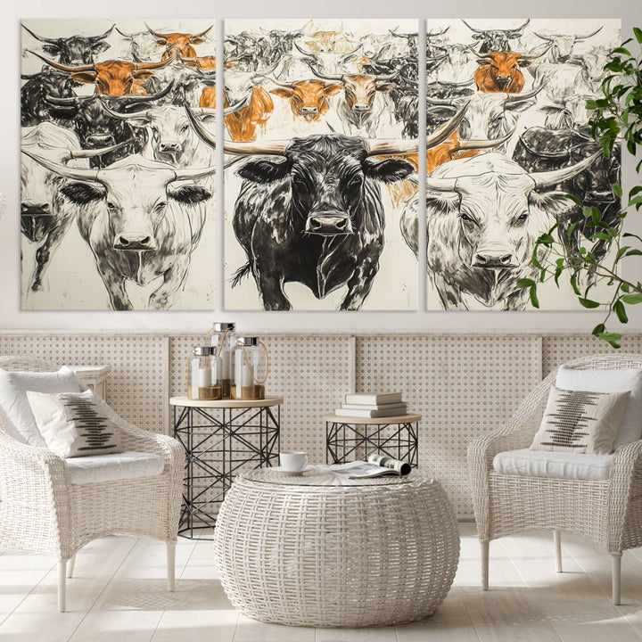 This exquisite farmhouse wall art, titled "Western Longhorn Cattle Canvas Print," showcases a majestic herd of longhorn cattle in a three-panel design. This ready-to-hang and framed barn decor infuses your space with rustic charm.