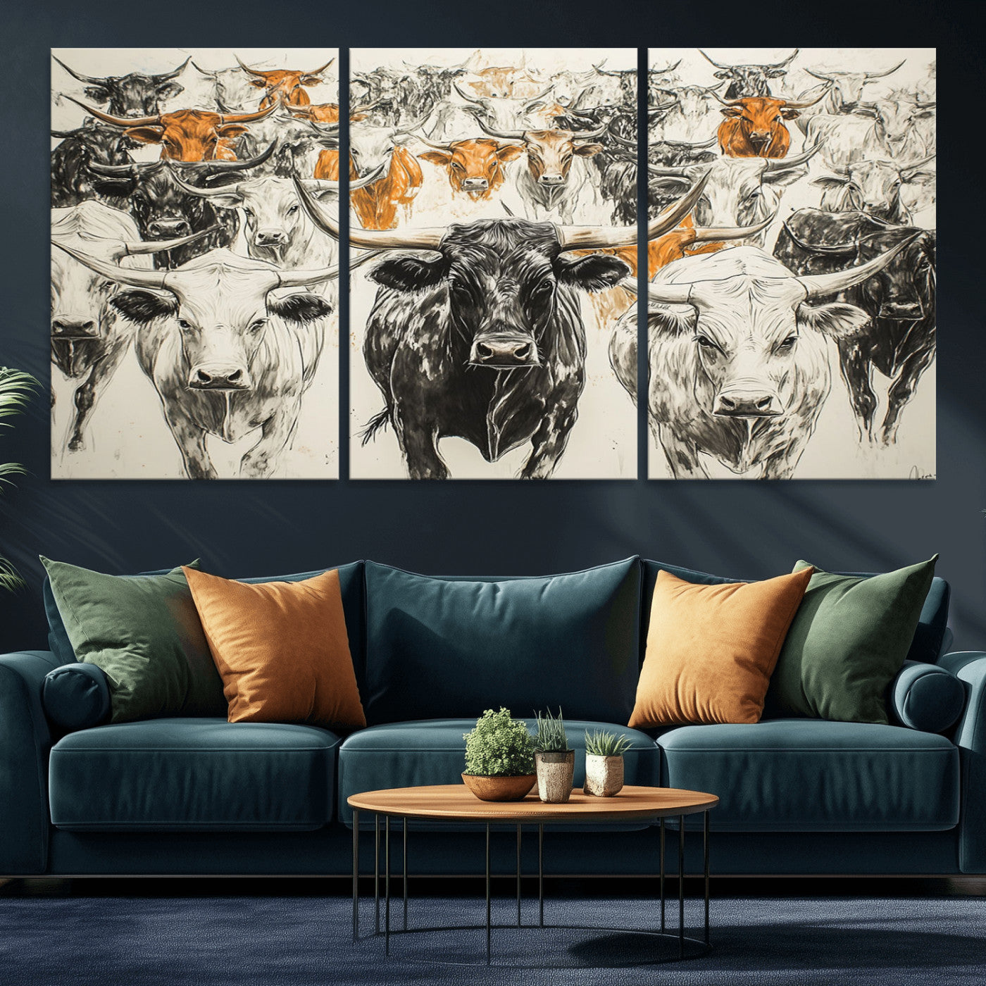 MGV-CV-60X30-3P - Farmhouse Wall Art | Western Longhorn Cattle Canvas Print | Ready to Hang and Framed Barn Decor