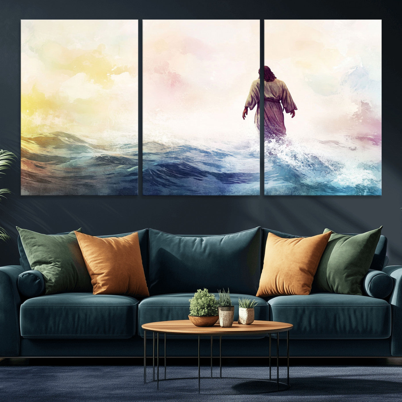 MGV-CV-60X30-3P - Watercolor Jesus Walking on Water Canvas Print, Christian Wall Art, Jesus Christ Walking
