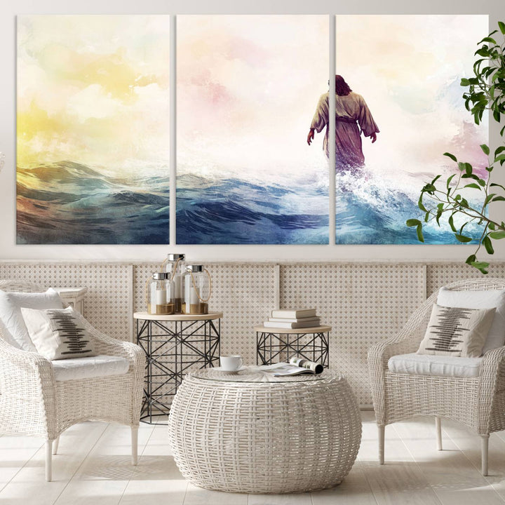 Watercolor Jesus Walking on Water Canvas Print, Christian Wall Art, Jesus Christ Walking