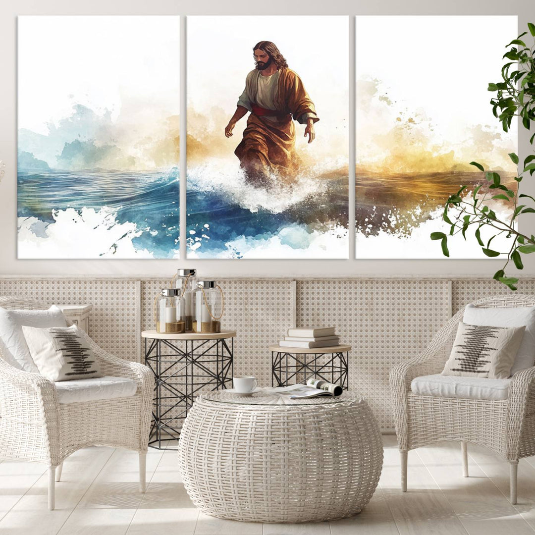 Watercolor Jesus Walking on Water Canvas Print, Christian Wall Art, Jesus Christ Walking