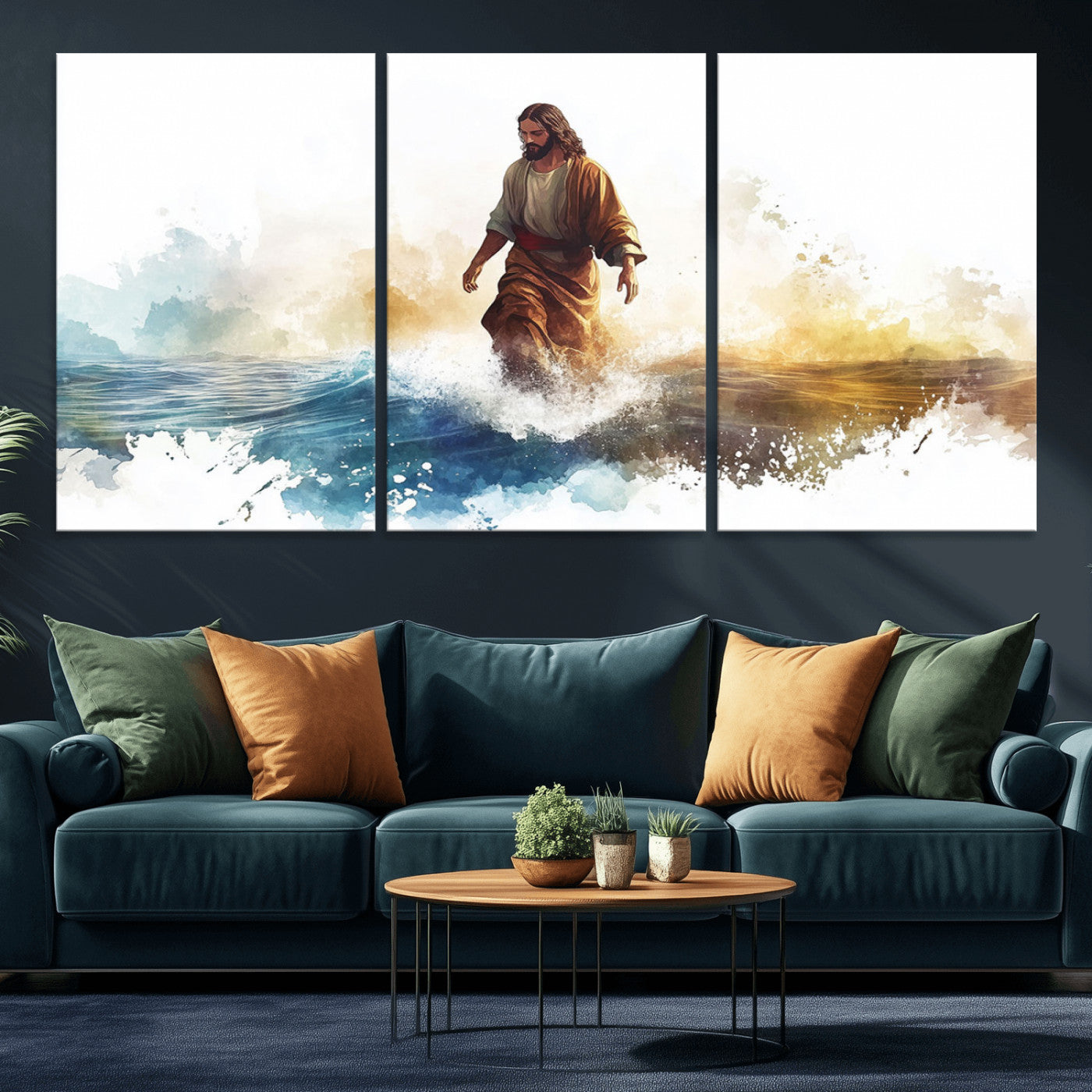 MGV-CV-60X30-3P - Watercolor Jesus Walking Wall Art Print, Jesus Water Canvas Print, Christian Wall Art, Jesus Christ