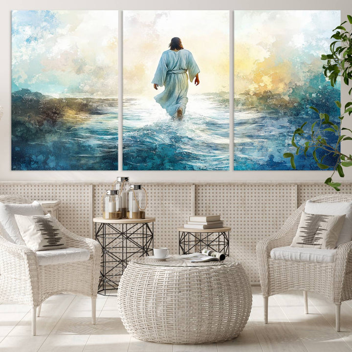 Watercolor Jesus Walking on Water Canvas Print, Christian Wall Art, Jesus Christ Walking