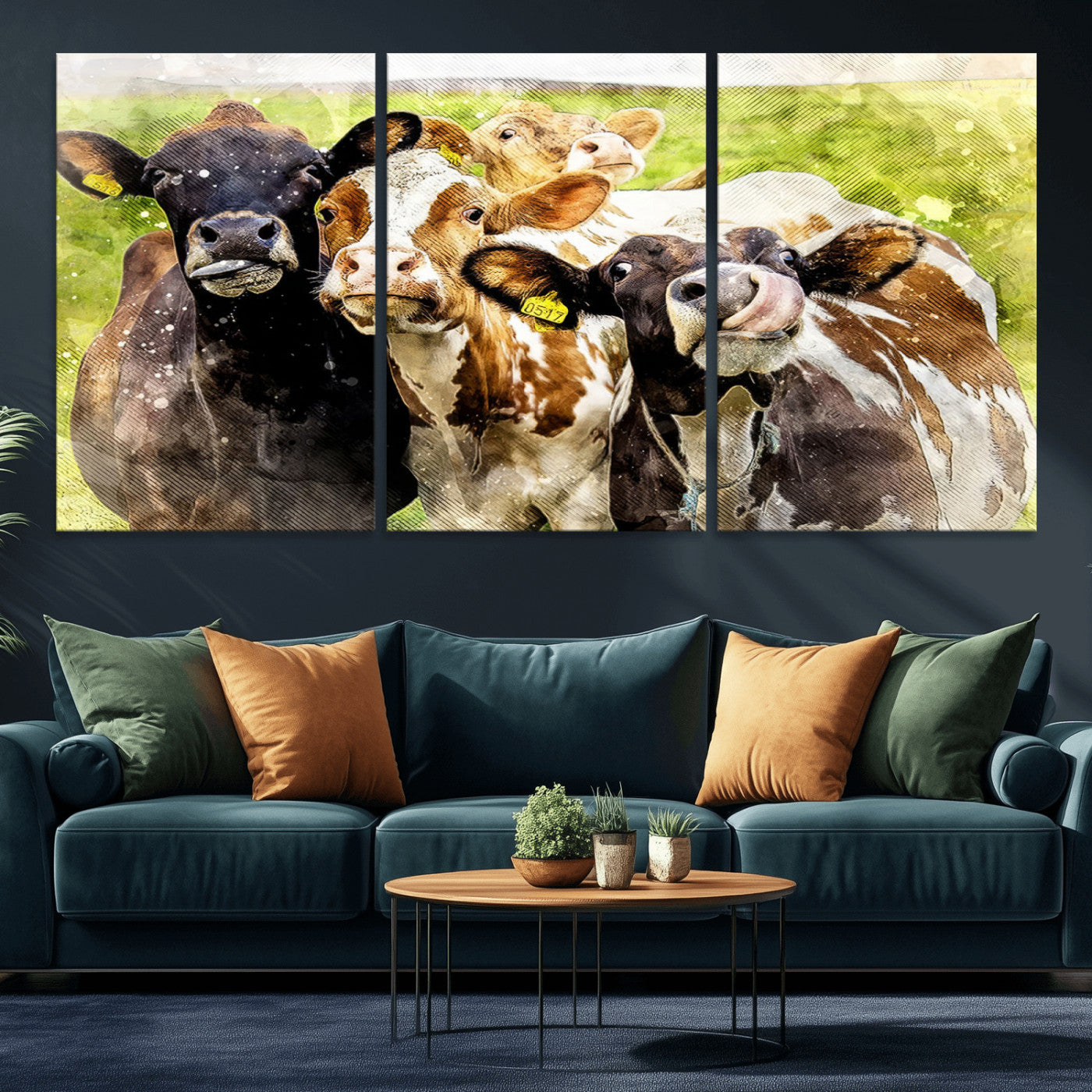 MGV-CV-60X30-3P - Curious Cows Farmhouse Wall Art | Ready to Hang and Framed Canvas Print | Rustic Farm Decor