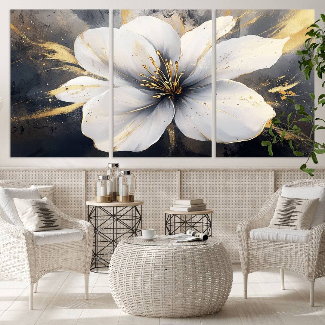 White Flower Wall Art | Canvas Print | Ready to Hang | Abstract Floral Wall Decor | Elegant Bloom Artwork | Framed for Living Room or Bedroom