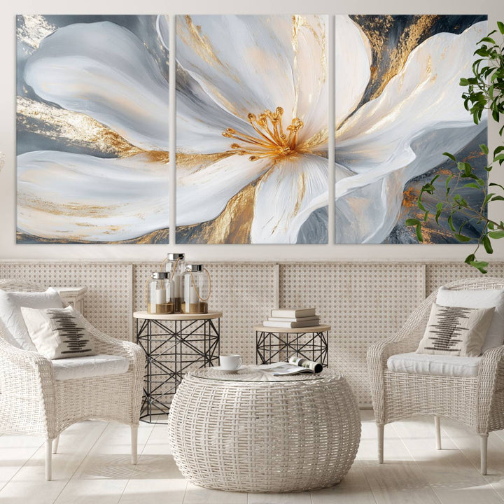 White and Gold Floral Canvas Wall Art - Framed and Ready to Hang - Perfect for Modern Living Rooms