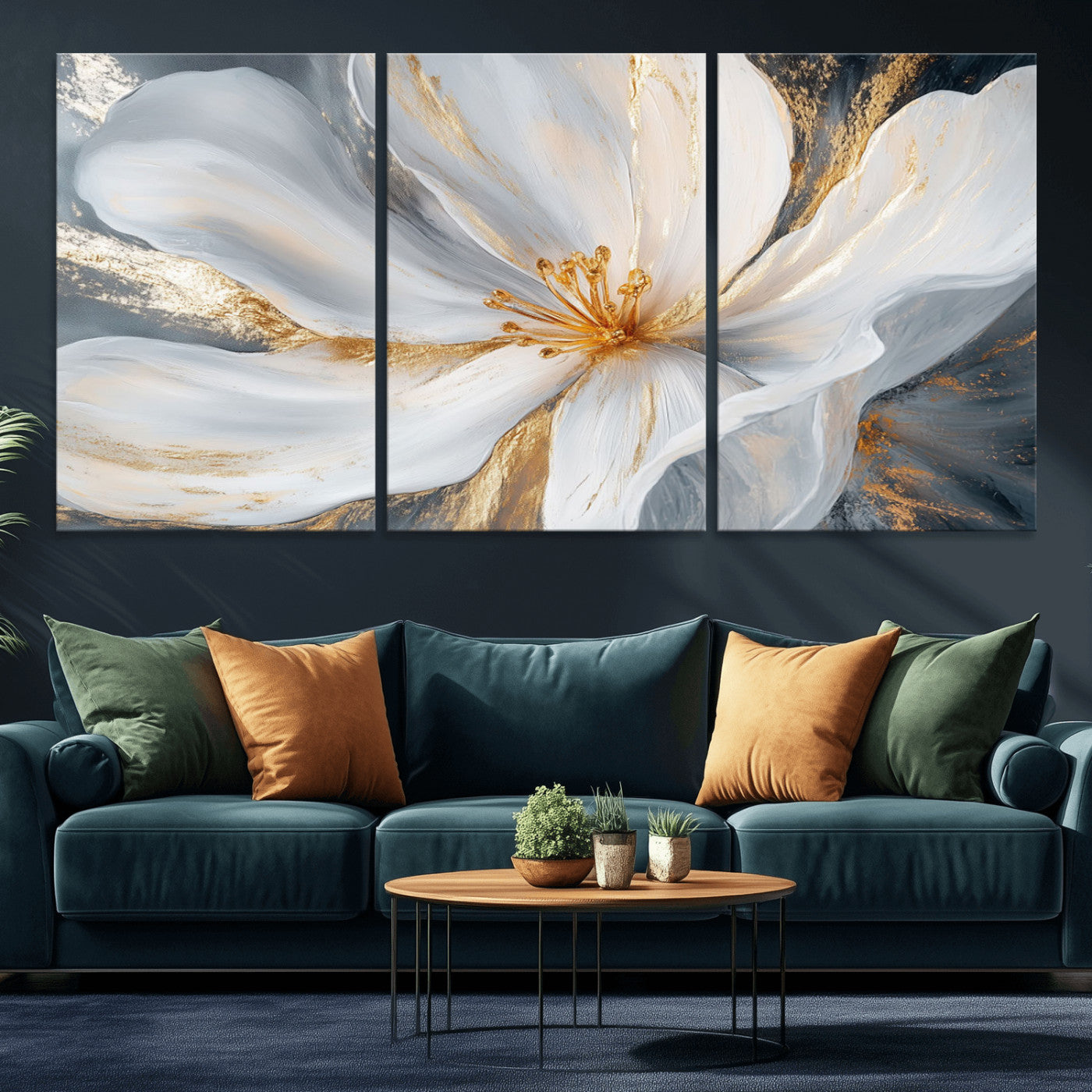 83149-MGV-CV-36X24-White and Gold Floral Canvas Wall Art - Framed and Ready to Hang - Perfect for Modern Living Rooms