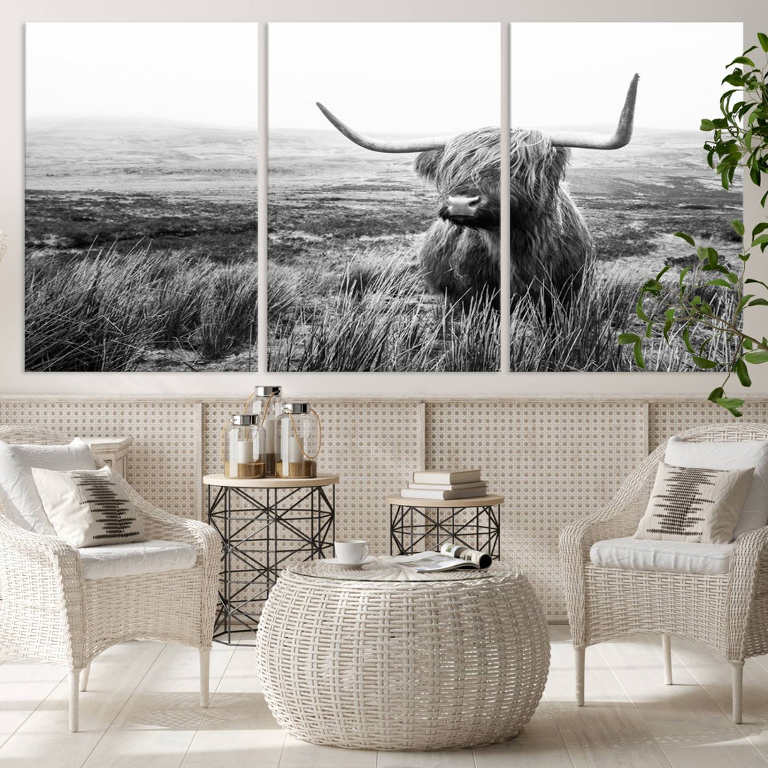 Scottish Highland Cow Wall Art | Black and White Canvas Print | Ready to Hang and Framed | Rustic Farmhouse Wall Decor for Living Room or Office