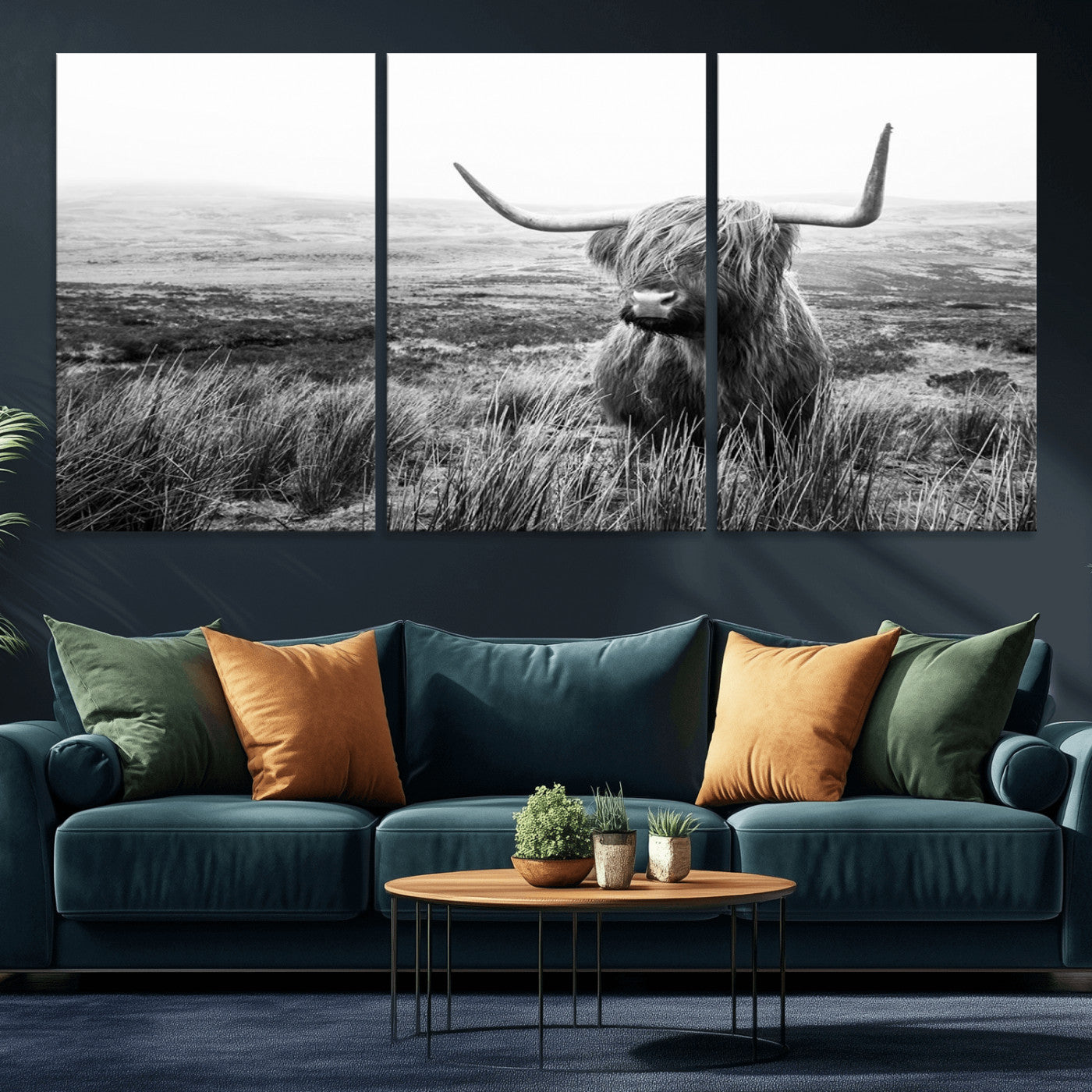 MGV-CV-60X30-3P - Scottish Highland Cow Wall Art | Black and White Canvas Print | Ready to Hang and Framed | Rustic