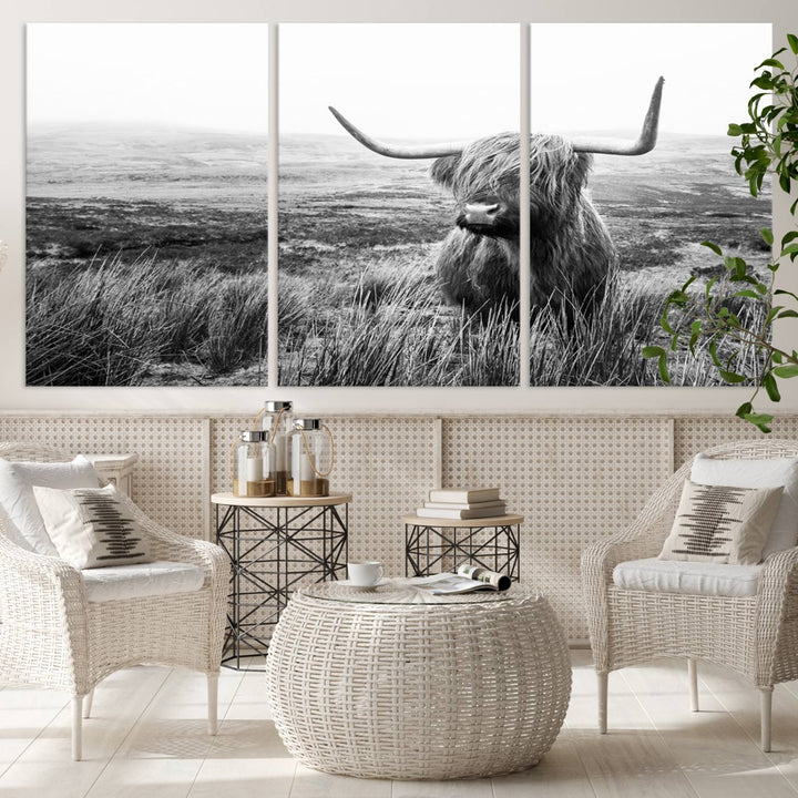 Scottish Highland Cow Wall Art | Black and White Canvas Print | Ready to Hang and Framed | Rustic Farmhouse Wall Decor for Living Room or Office