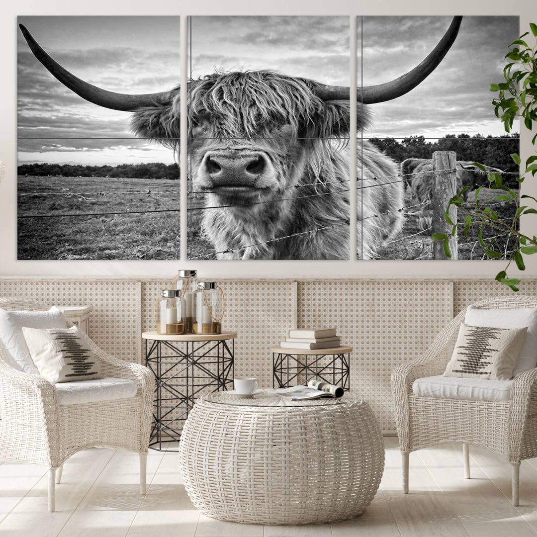 Scottish Highland Cow Wall Art Canvas Print | Ready to Hang and Framed | Rustic Farmhouse Decor