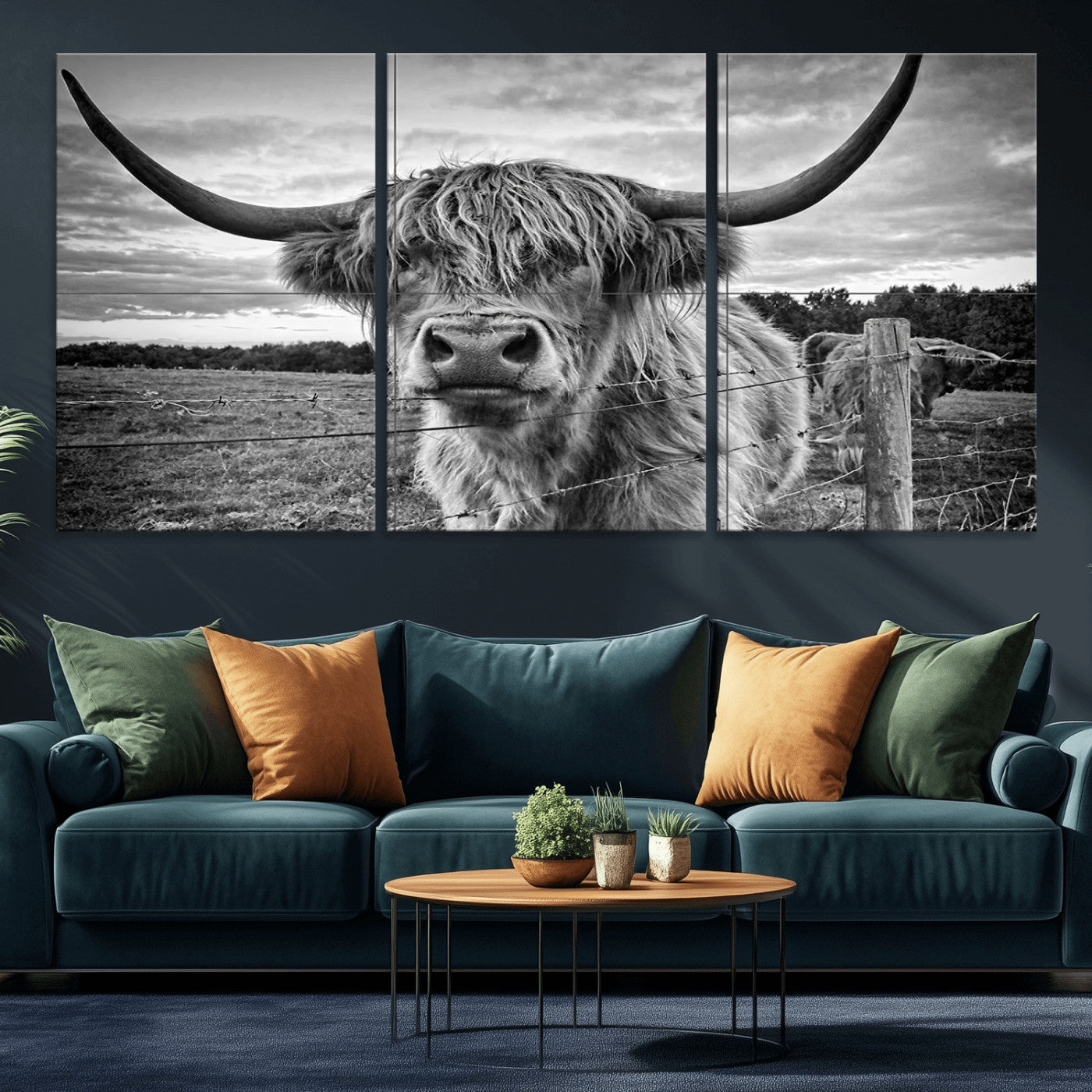 MGV-CV-60X30-3P - Scottish Highland Cow Wall Art Canvas Print | Ready to Hang and Framed | Rustic Farmhouse Decor
