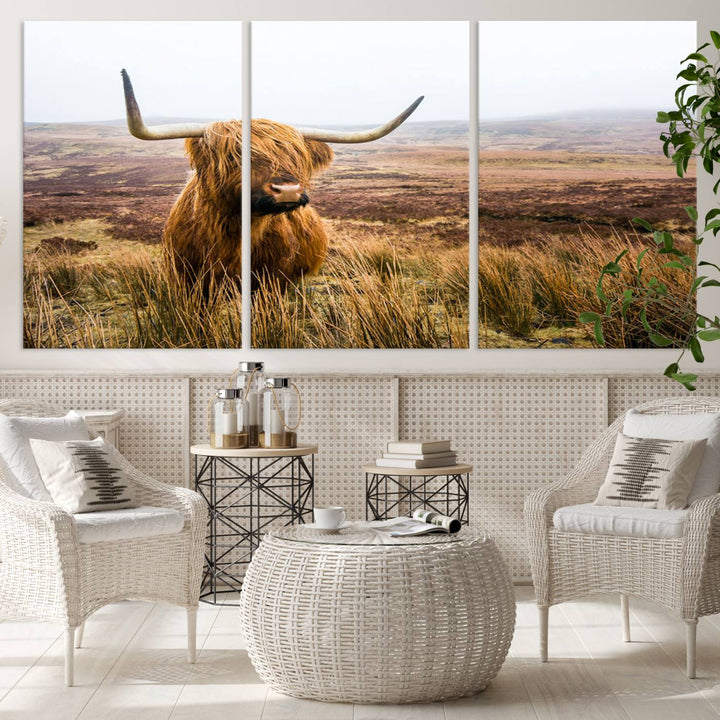 Scottish Highland Cow Wall Art Canvas Print | Ready to Hang and Framed | Rustic Farmhouse Decor for Living Room or Cabin