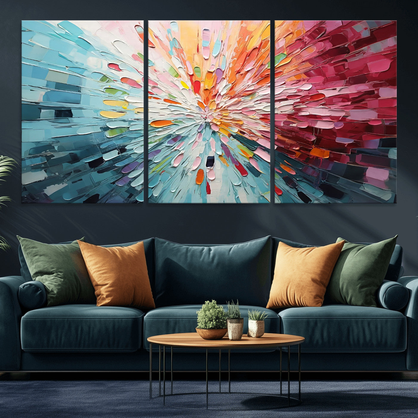 MGV-CV-60X30-3P - Radiant Bloom Abstract Floral Wall Art Canvas Print - Colorful Burst - Modern Living Room Decor -