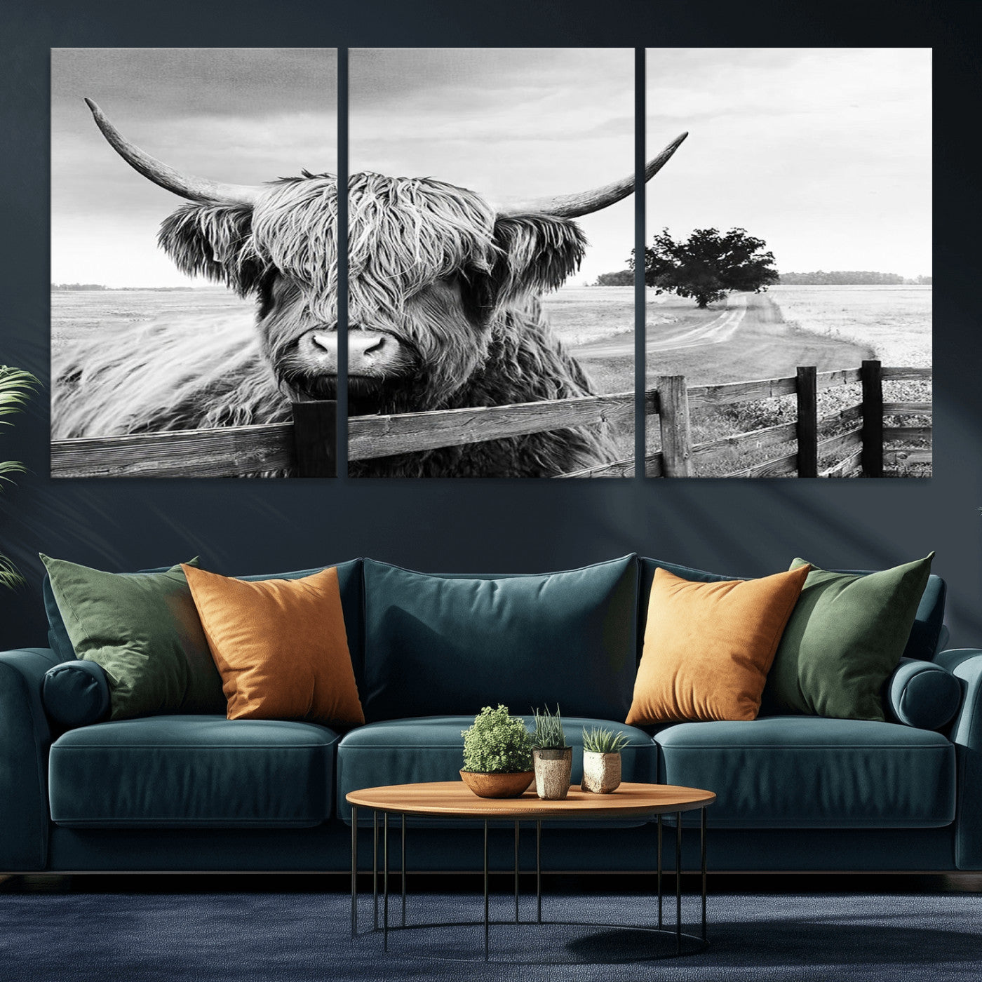 MGV-CV-60X30-3P - Scottish Highland Cow Wall Art | Rustic Farmhouse Décor | Black and White Ready to Hang Canvas Print