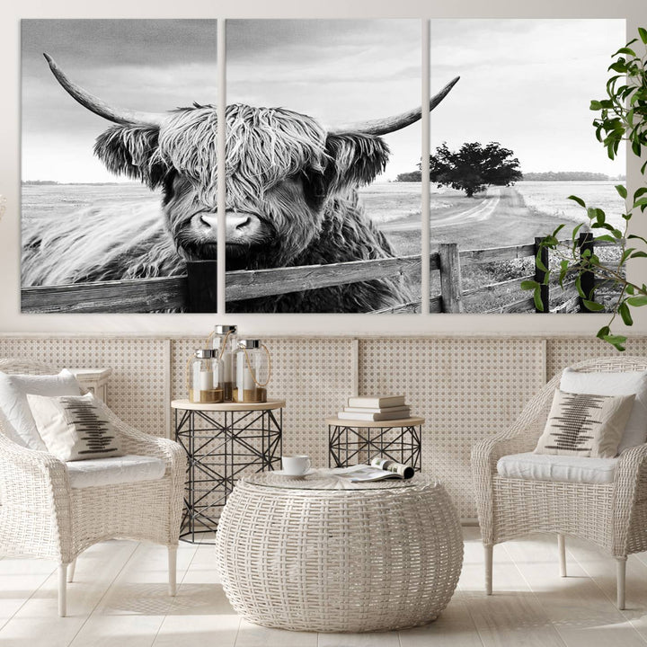 Scottish Highland Cow Wall Art | Rustic Farmhouse Décor | Black and White Ready to Hang Canvas Print