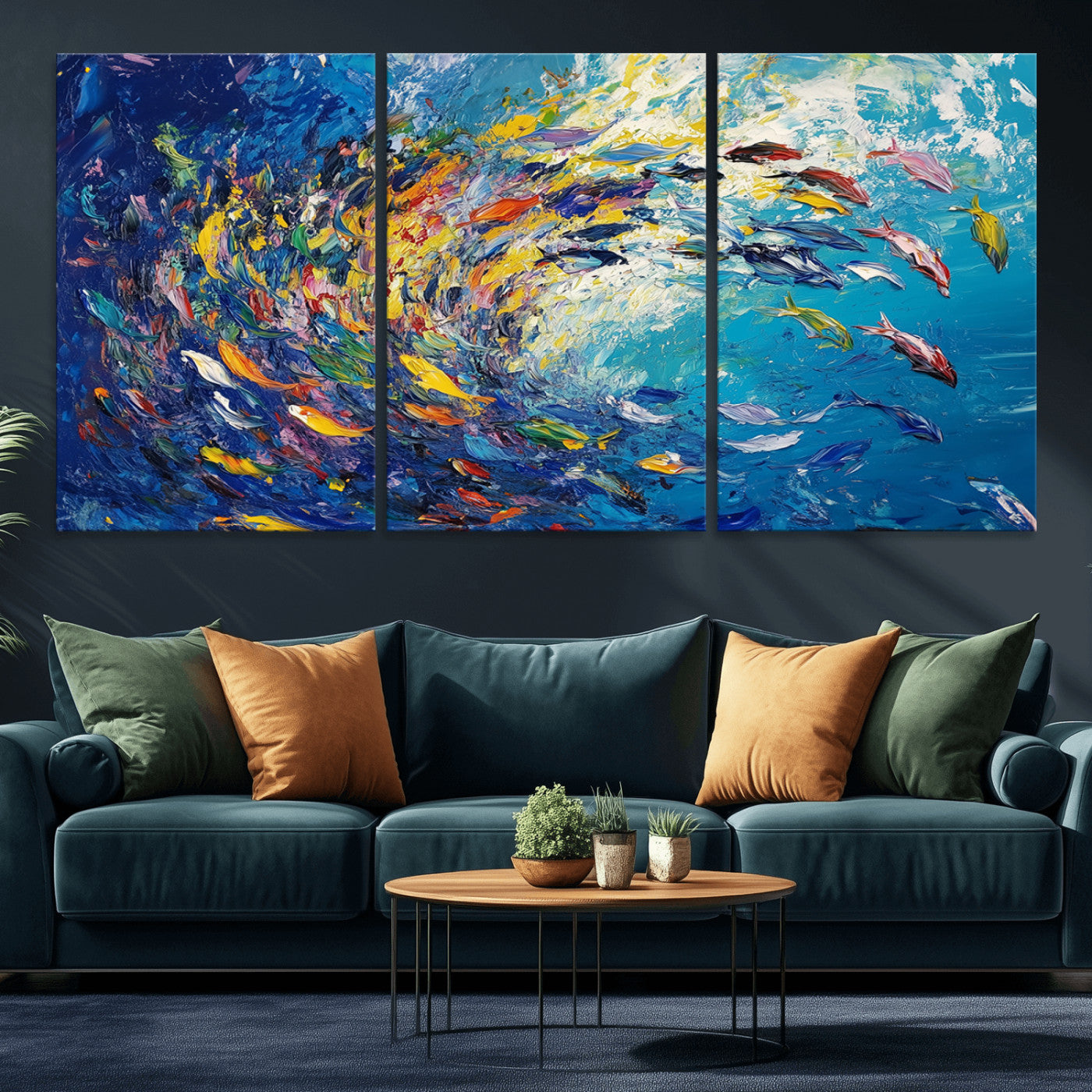 MGV-CV-60X30-3P - Colorful Swirling Fish School Wall Art Canvas Print | Oceanic Abstract Painting | Ready to Hang |
