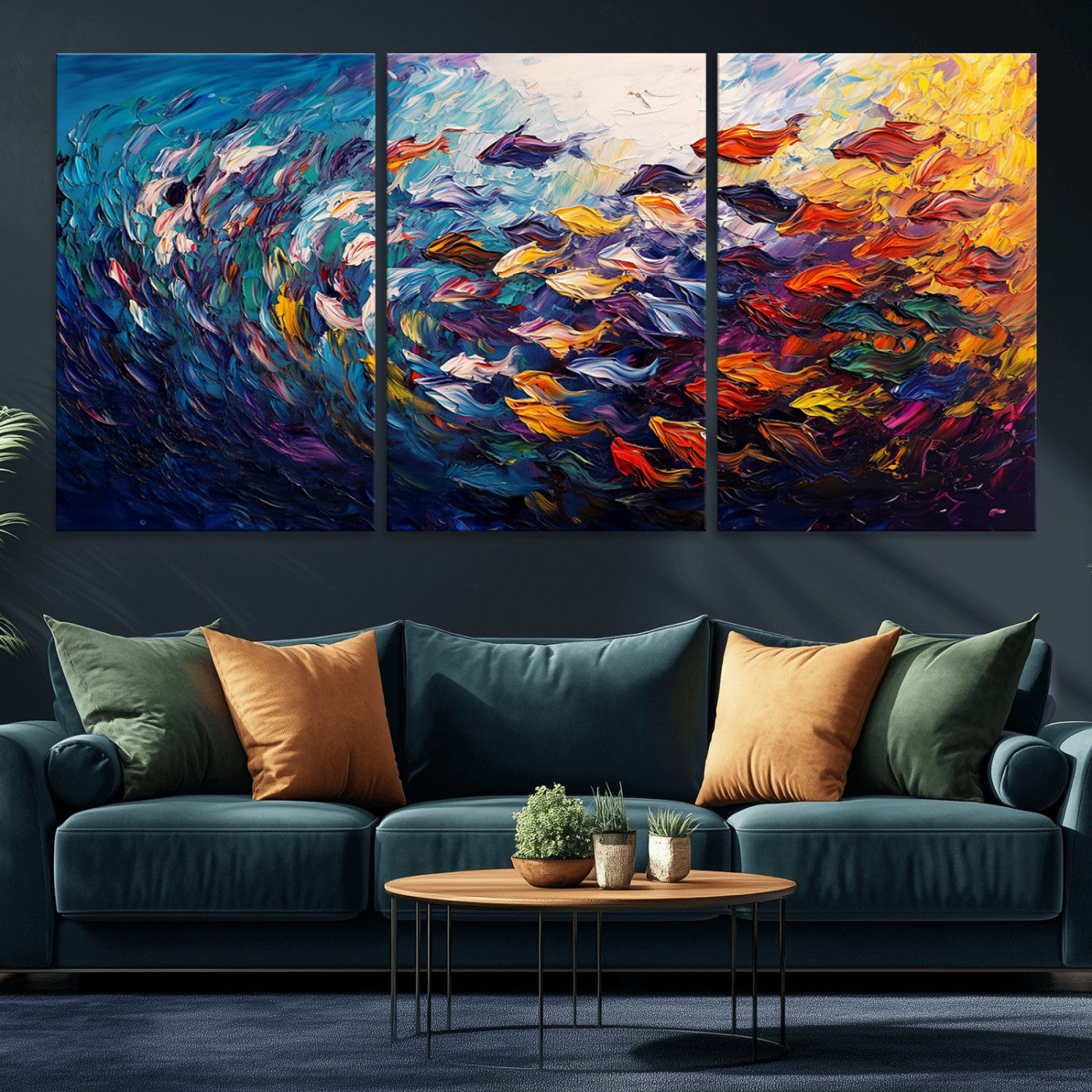 MGV-CV-60X30-3P - Vibrant Abstract Fish Swarm Art – Colorful Fish Inspired 3-Piece Canvas Wall Art for Living Room or