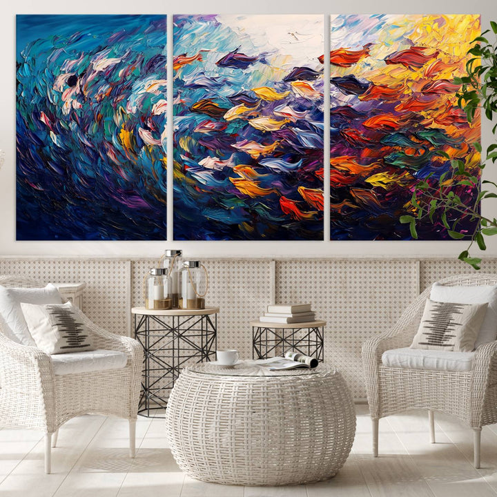 Vibrant Abstract Fish Swarm Art – Colorful Fish Inspired 3-Piece Canvas Wall Art for Living Room or Office – Framed and Ready to Hang