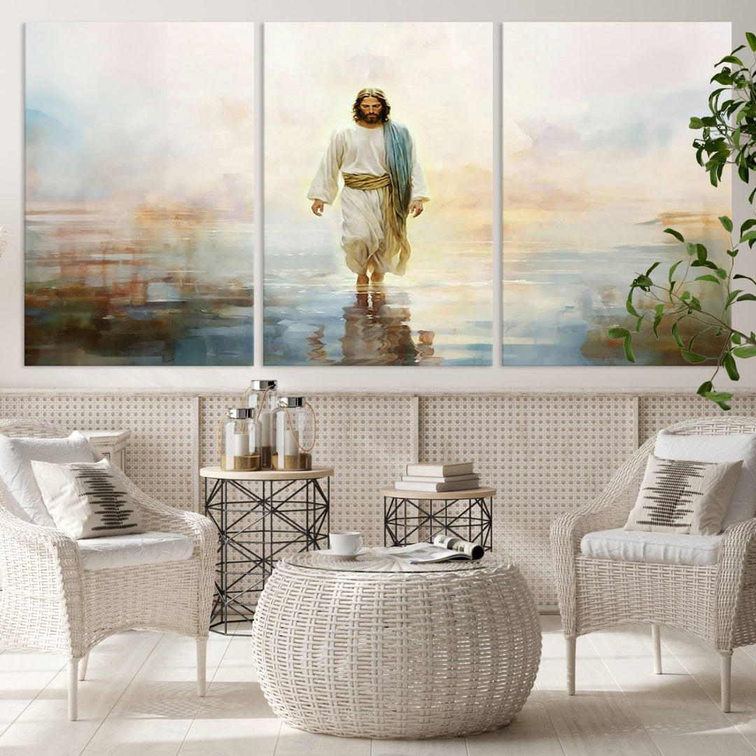 Framed Jesus Walking on Water Wall Art - 3-Panel Christian Canvas Prints, Religious Artwork, Ready to Hang Home Decor for Living Room, Office, or Church