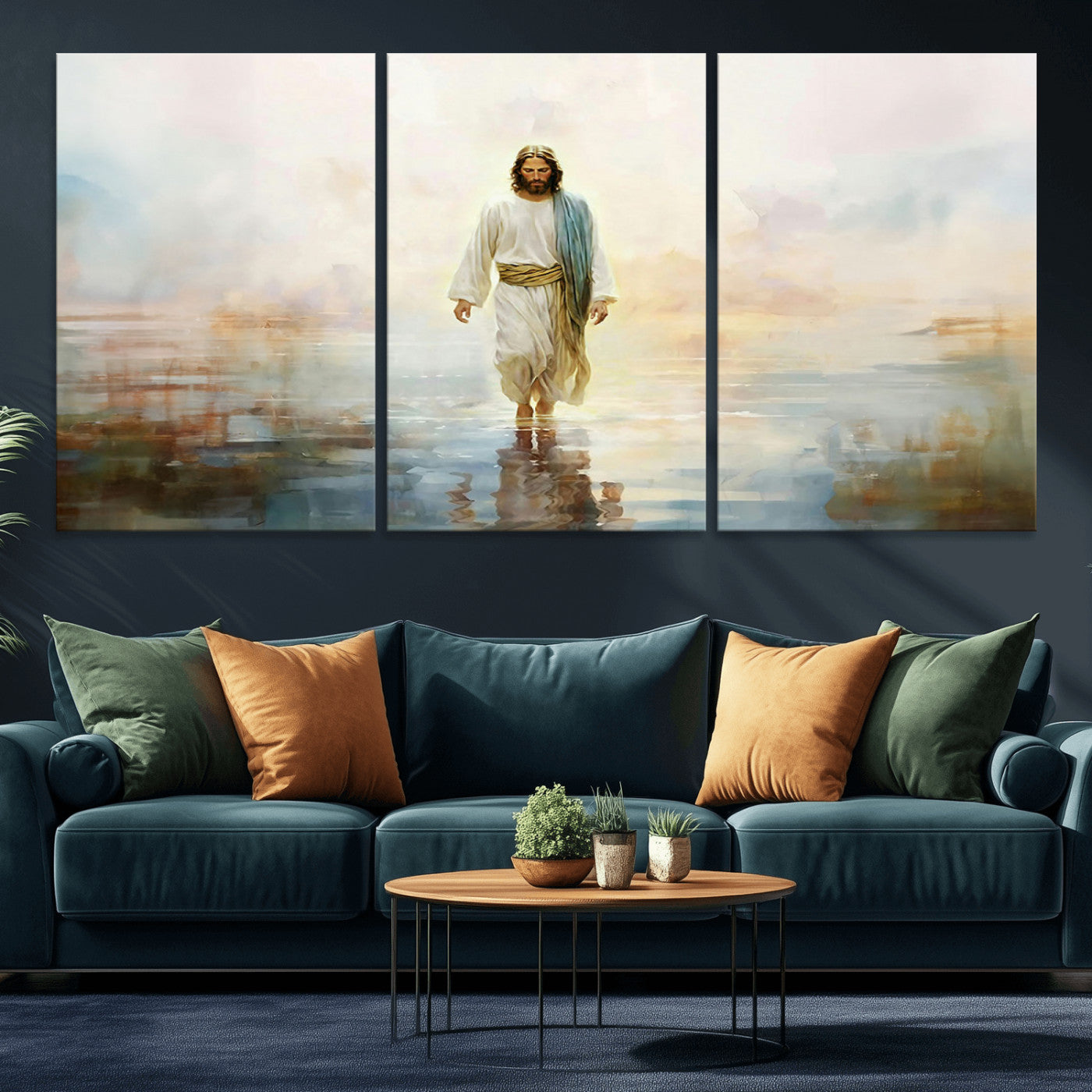 MGV-CV-60X30-3P - Framed Jesus Walking on Water Wall Art - 3-Panel Christian Canvas Prints, Religious Artwork for