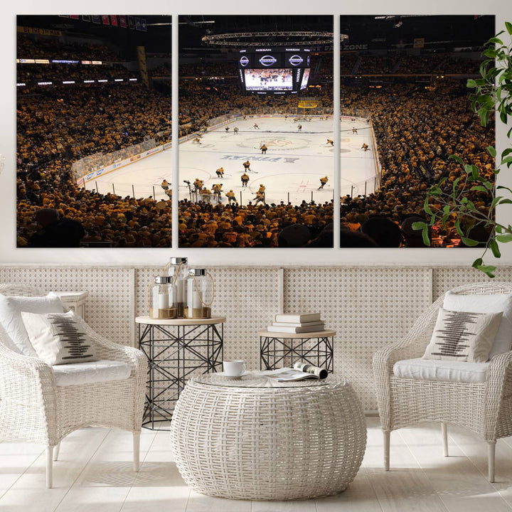 A captivating triptych canvas print, titled "Bridgestone Arena - Nashville Predators Hockey Team Print," adorns the wall. This Nashville wall art canvas print is perfect for Predators fans who appreciate sports-themed decor.