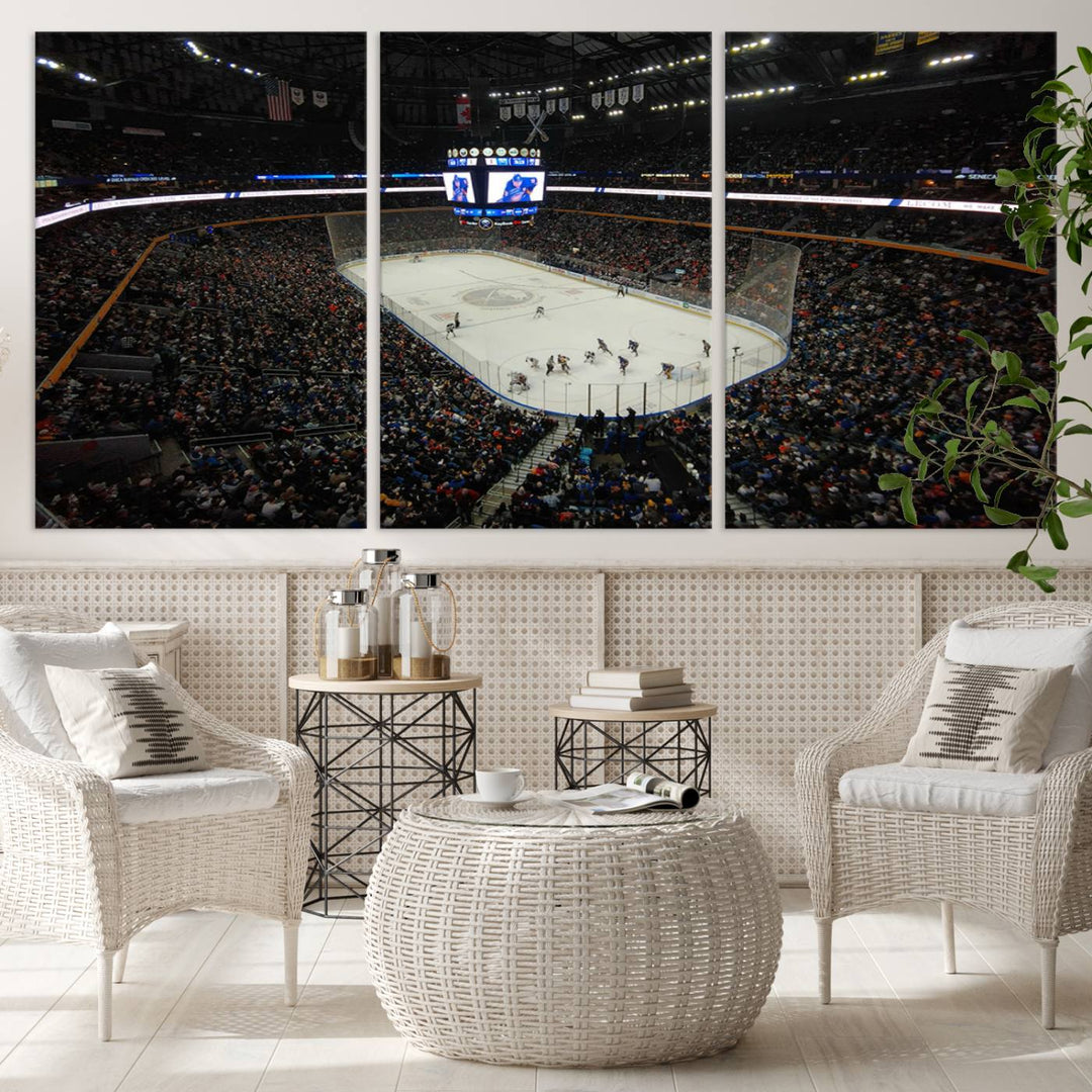 The nautical-themed room is enhanced by the KeyBank Center New York Buffalo Sabres Hockey Stadium Wall Art Canvas Print, a three-panel depiction of a bustling hockey arena with a gallery-quality finish. This canvas artwork, handmade in the USA, introduces an element of sporting elegance to your decor.