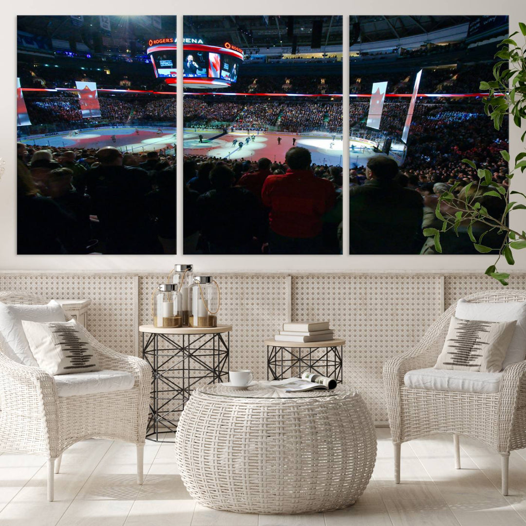 Experience the intense atmosphere of a full-capacity ice hockey game at Rogers Arena, home of the Vancouver Canucks, captured on museum-quality canvas.