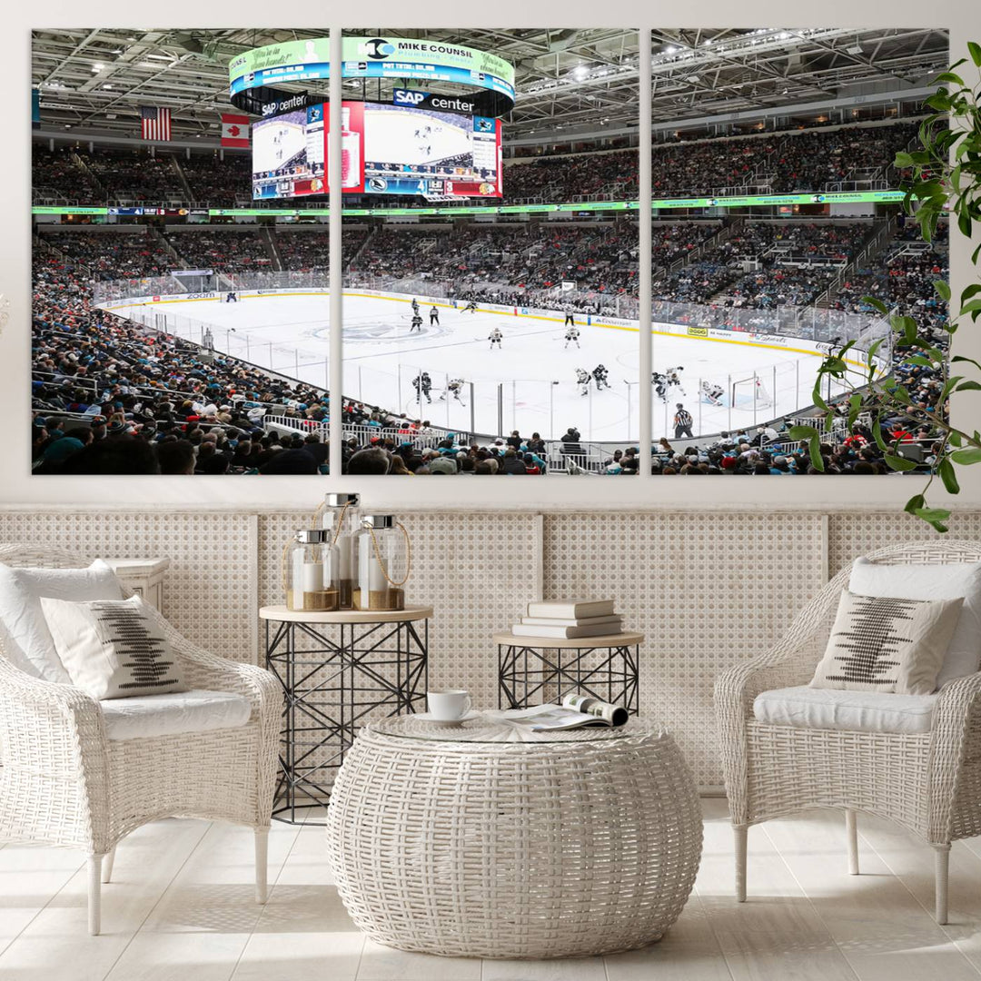 A packed ice hockey arena buzzes with energy as players glide on the ice and a large screen displays scores. The indoor decor features Sharks Arena Blackhawks Sharks Ice Hockey Stadium Wall Art Canvas Prints, creating an unexpected yet charming sporting atmosphere reminiscent of a gallery.