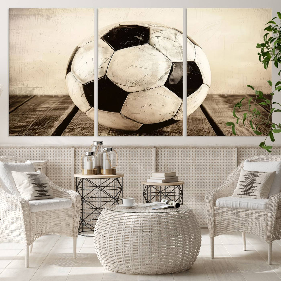 Vintage Soccer Ball Triptych Canvas Art – 3-Panel Soccer Wall Decor, Framed and Ready to Hang Sports Art for Home, Office, or Gym