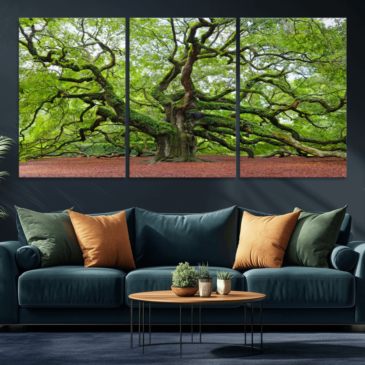 MGV-CV-60X30-3P - Framed Angel Oak Tree Wall Art - 3-Panel Canvas Prints, Large Green Nature Artwork, Ready to Hang