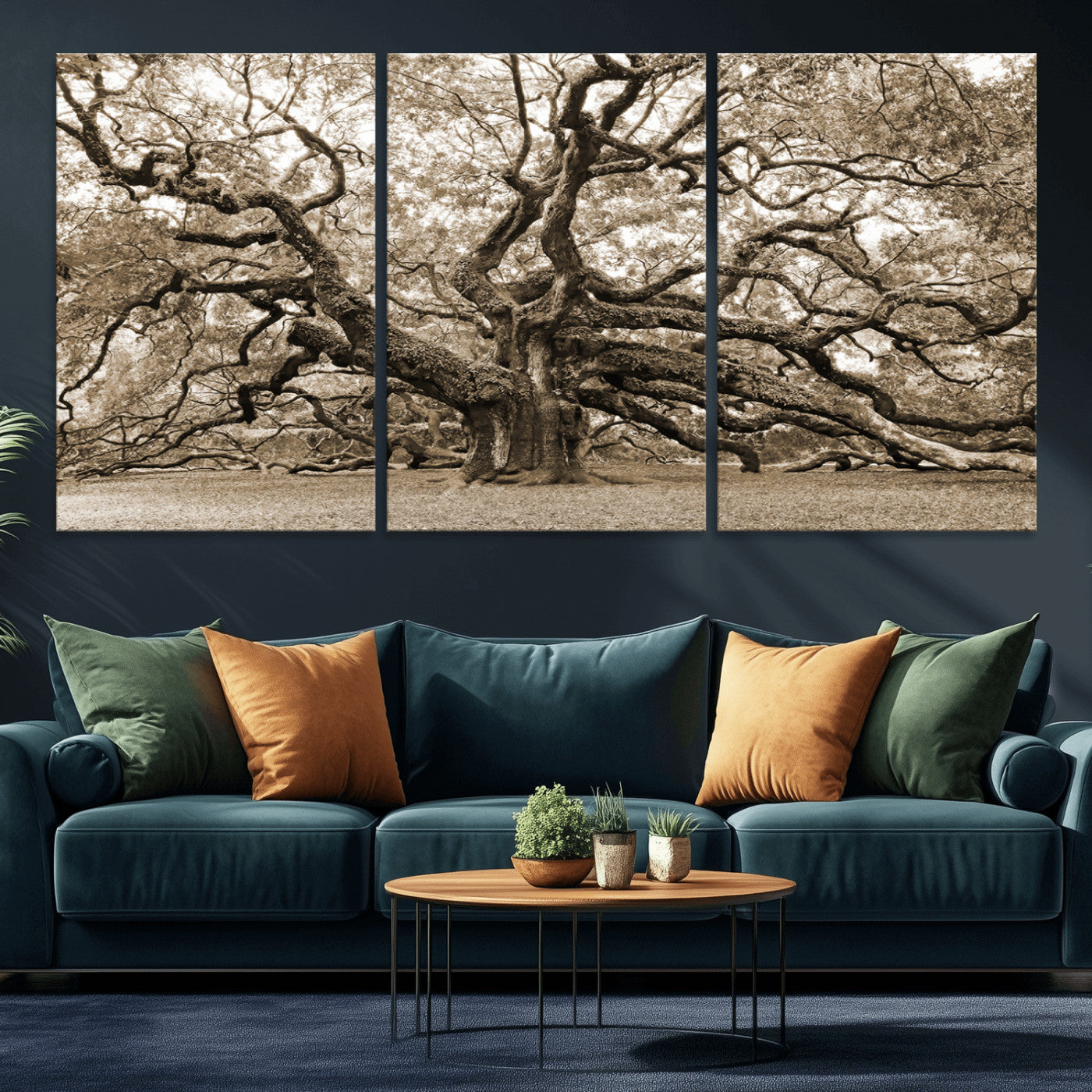 51126-MGV-CV-36X24-Sepia Framed Angel Oak Tree Wall Art - 3-Panel Canvas Prints, Large Green Nature Artwork, Ready to
