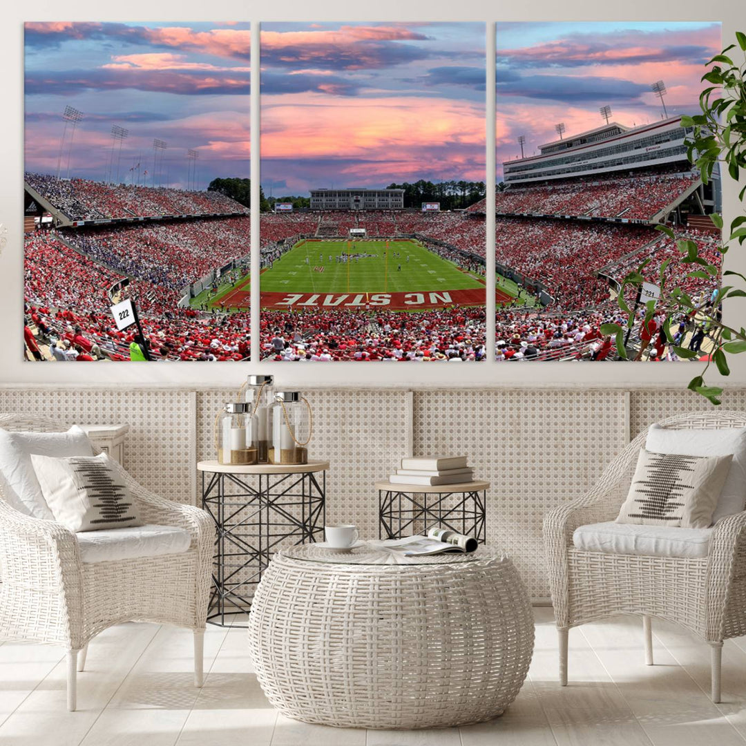 Carter-Finley Stadium Sunset Game Triple Canvas Wall Art - NC State Wolfpack Football Match