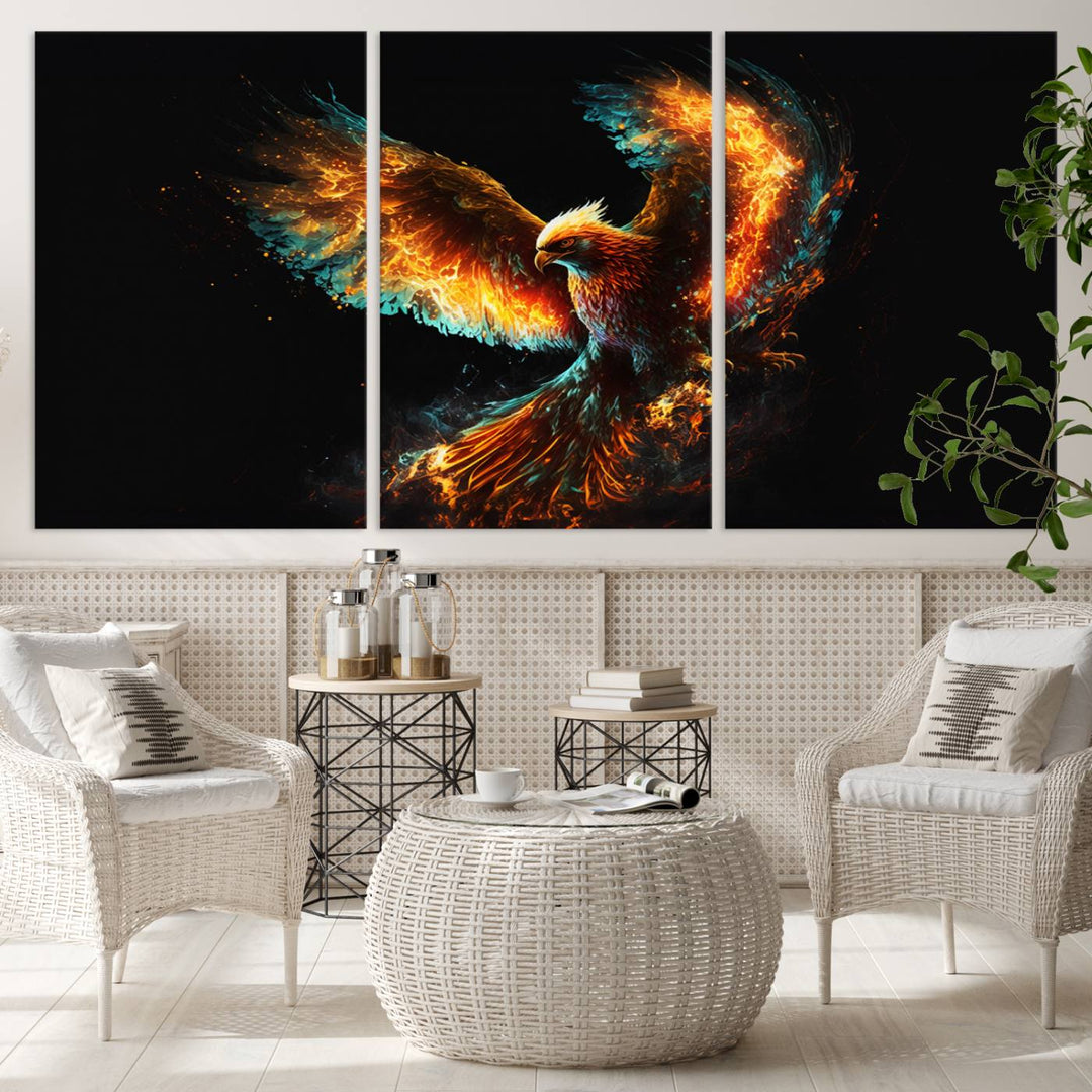 Fiery Phoenix Canvas Print | Ready to Hang Wall Art | Bold Fantasy Decor for Living Room | Majestic Bird Artwork