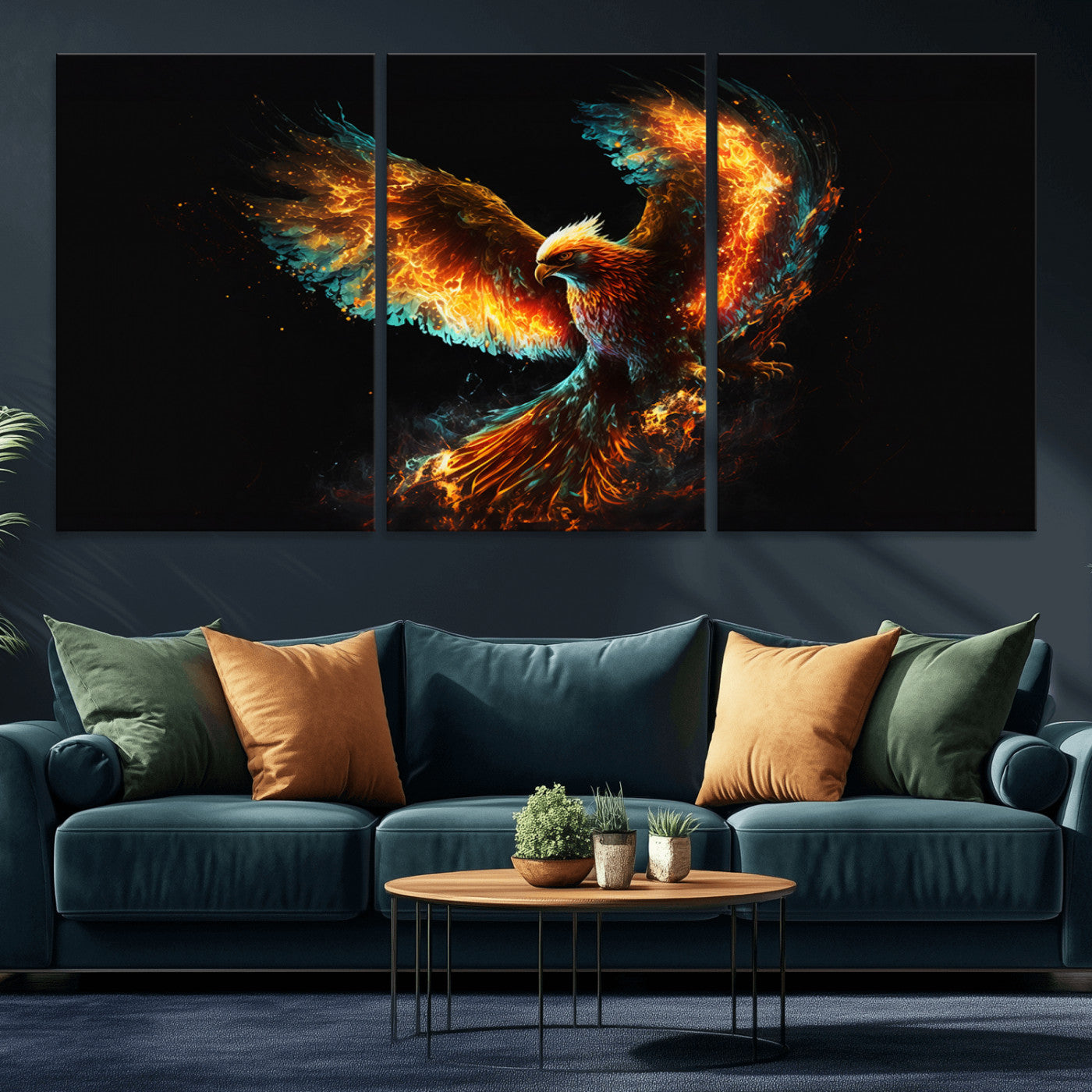 MGV-CV-60X30-3P - Fiery Phoenix Canvas Print | Ready to Hang Wall Art | Bold Fantasy Decor for Living Room | Majestic