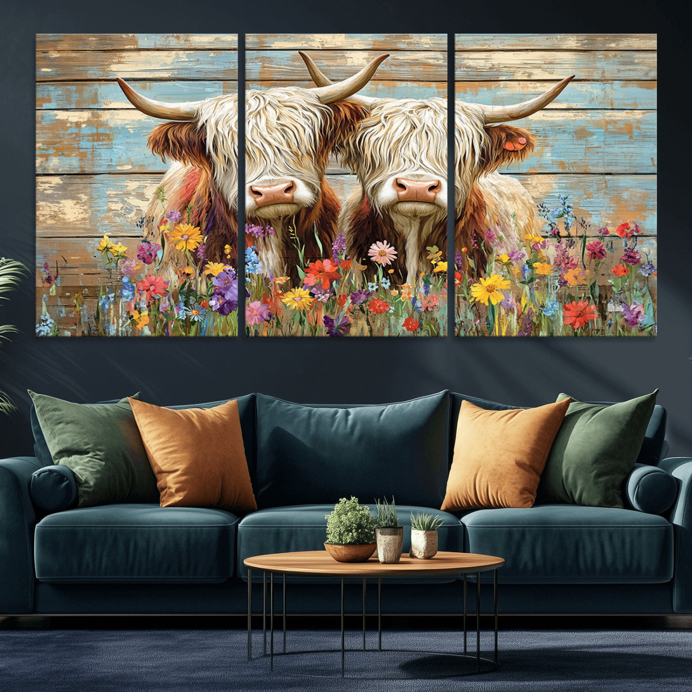 36972-MGV-CV-36X24-Cute Highland Cow Canvas Wall Art - Rustic Farmhouse Decor with Colorful Flowers Perfect Wall Art for Home