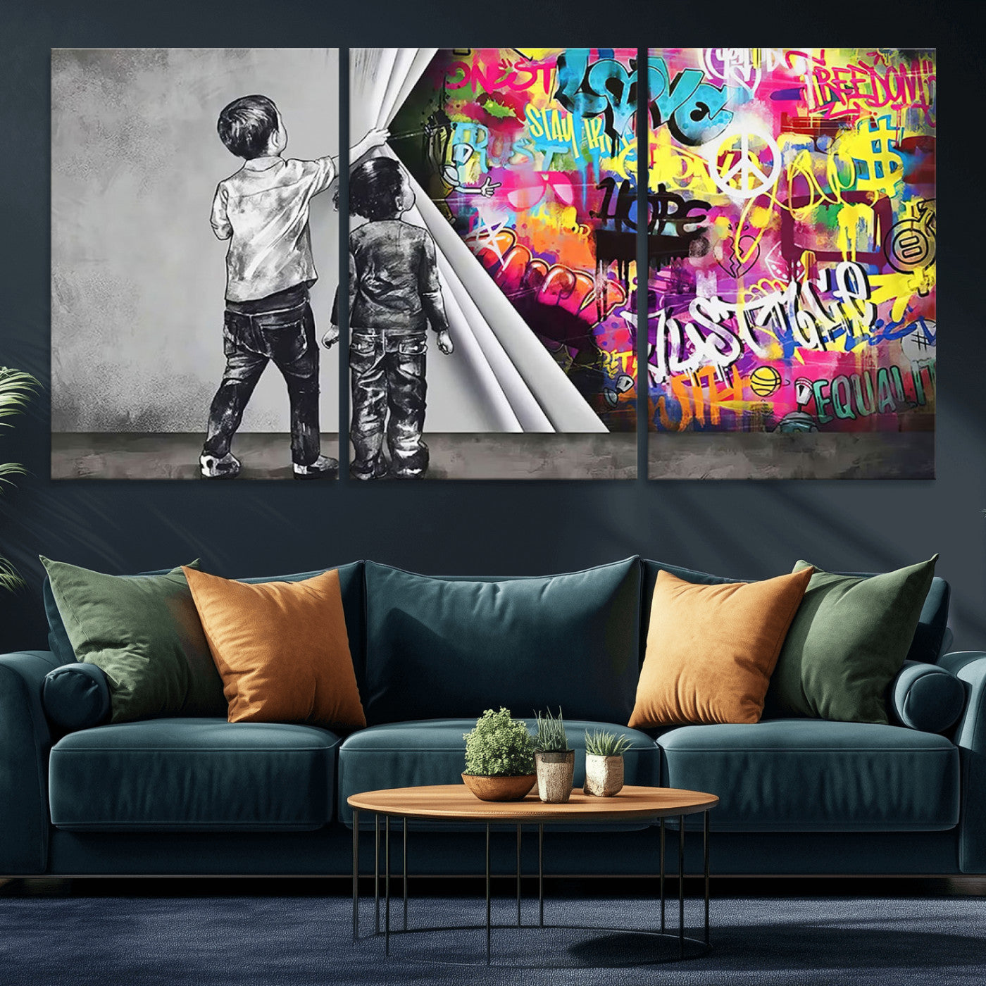 MGV-CV-60X30-3P - Banksy Print - Street Art Canvas Wall Art - Kids Revealing Graffiti, Urban Modern Decor for Living