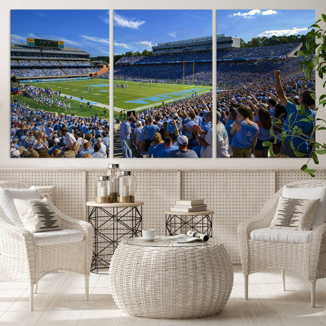 A gallery-quality canvas wall art print featuring the University of North Carolina Tar Heels Football Team and Chapel Hill's Kenan Memorial Stadium adorns the cafe wall.