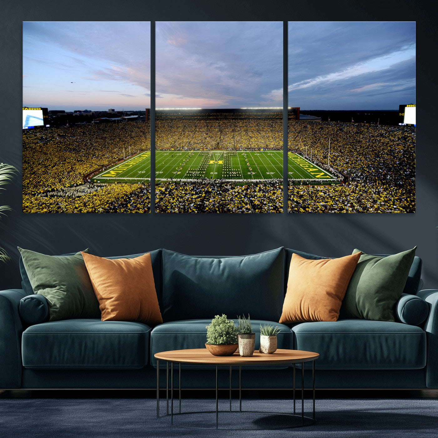 82641-MGV-CV-36X24 - Michigan Stadium Wall Art Canvas Print, Vibrant Game Day Crowd and Sunset Sky Football Field Artwork for Home, Office