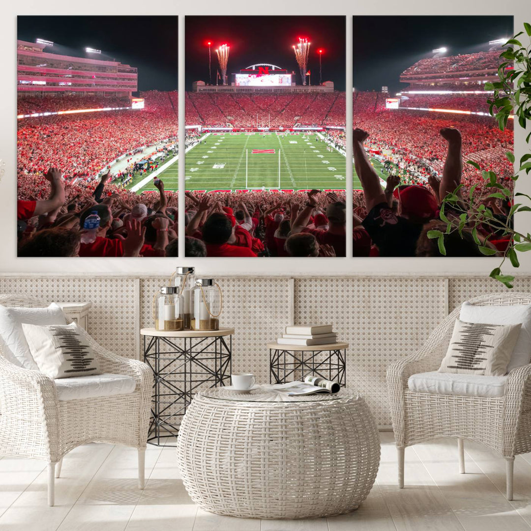 The University of Nebraska Cornhuskers Football Team Print, a vibrant three-panel canvas depicting Lincoln Memorial Stadium filled with enthusiastic fans from the end zone perspective, features a gallery-quality finish.