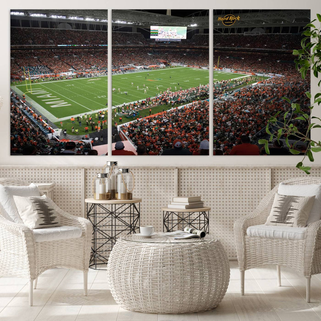 Aerial view of a Miami Hurricanes game at Hard Rock Stadium captured on canvas print, showcasing the teams on the field and fans in the stands.