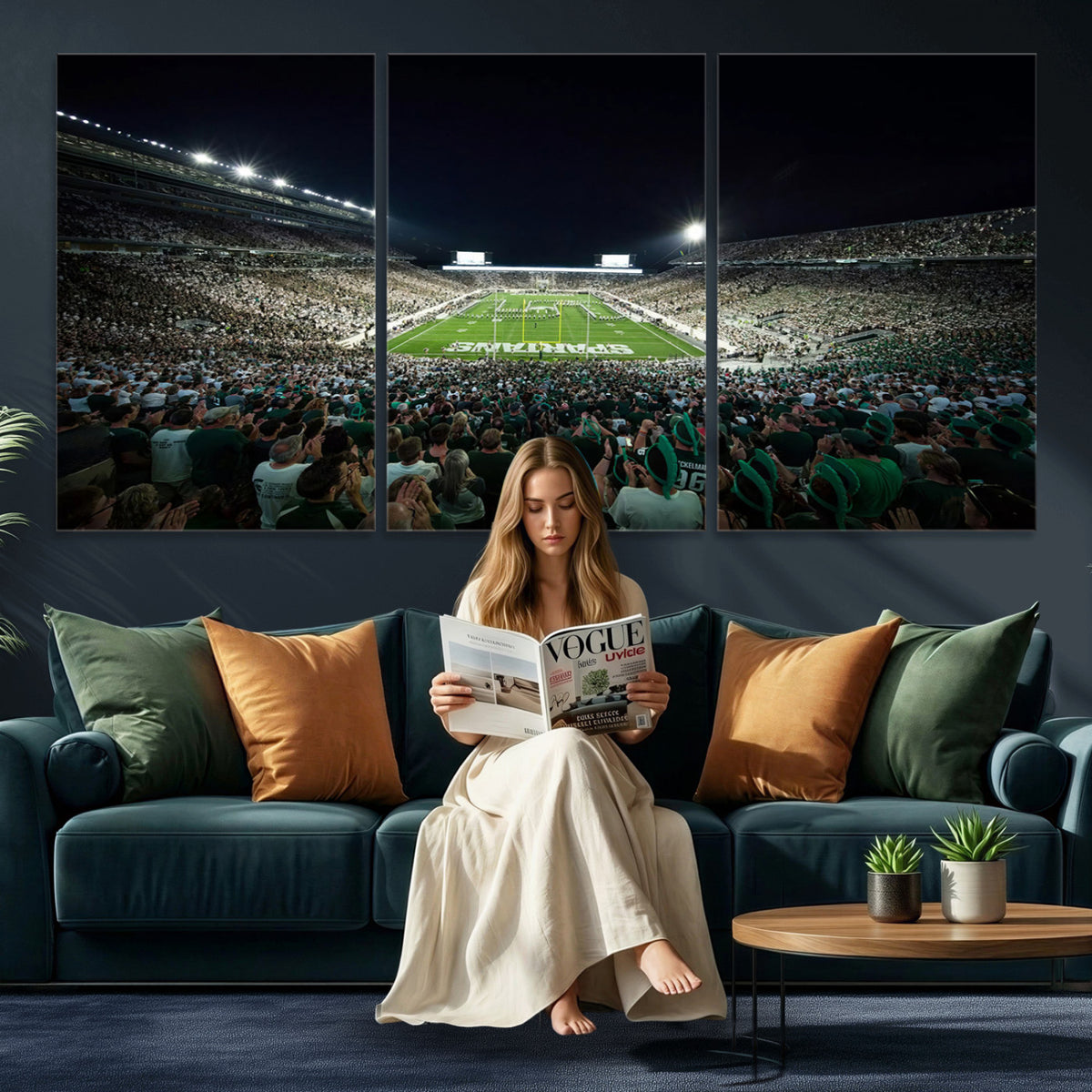 57523-PAN-FL-20X10 - Framed Michigan State Spartans Football Team Print - East Lansing Spartan Stadium Wall Art Canvas