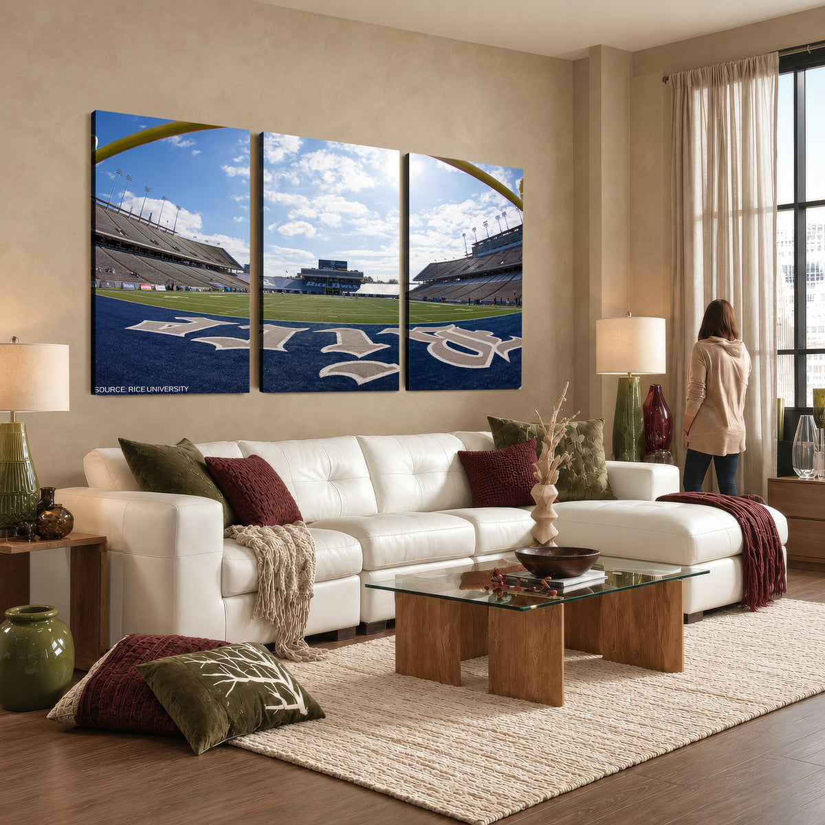 50267-MGV-CV-36X24 - Rice University Owls Football Team Print, Houston Rice Stadium, Framed and Ready to Hang