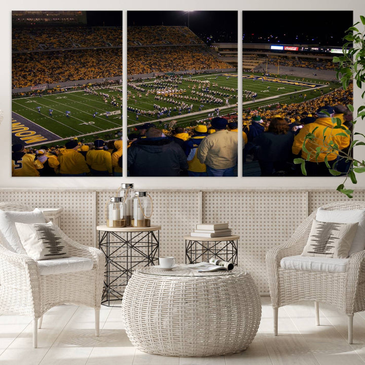 West Virginia Uni Mountaineers Football Team Print - Milan Puskar Stadium Canvas Print Wall Art, Morgantown Print