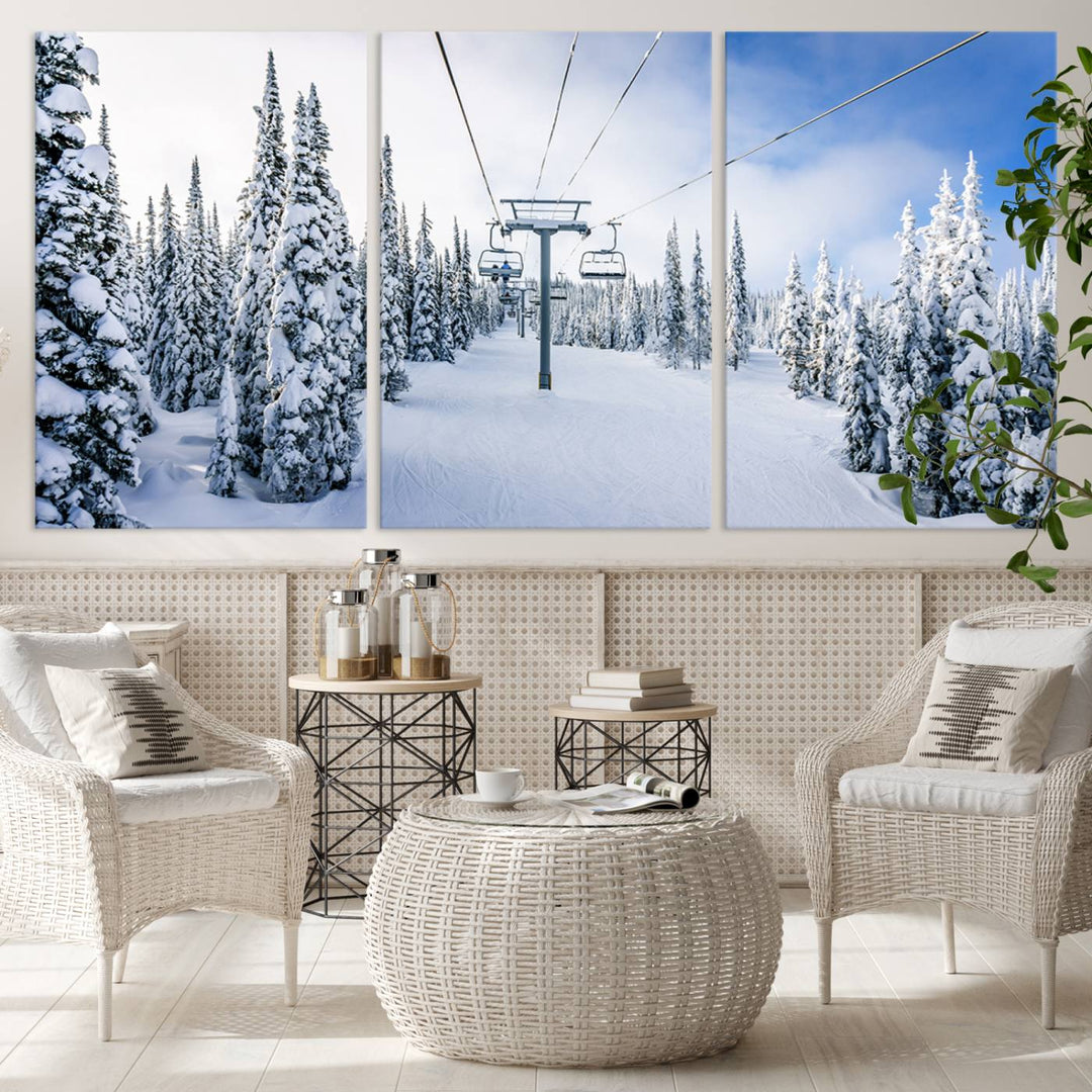 Winter Ski Lift Landscape Wall Art | Snowy Mountain Adventure | Framed and Ready to Hang | Perfect for Cabin Wall Art, Farmhouse Decor