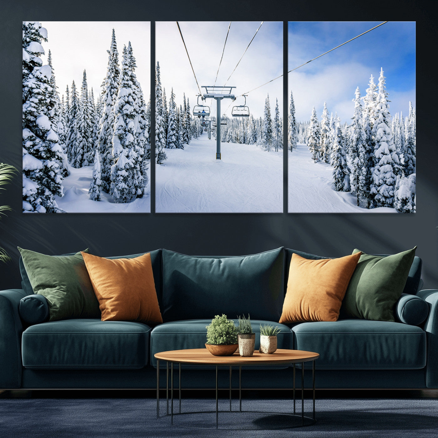 MGV-CV-60X30-3P - Winter Ski Lift Wall Art Print - Landscape Wall Art | Snowy Mountain Adventure | Perfect for Cabin