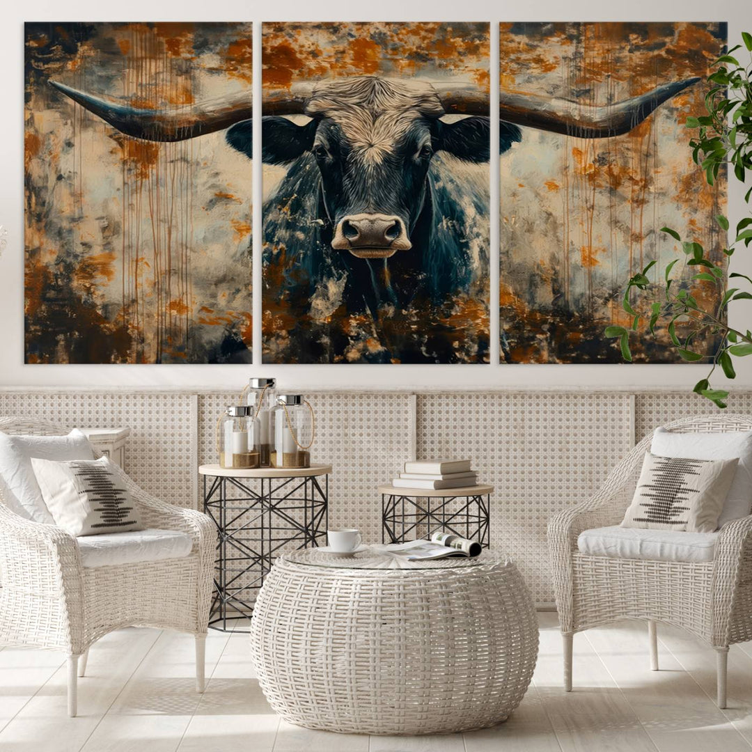 Abstract Longhorn Bull Wall Art | Rustic Western Wall Decor | Framed and Ready to Hang | Ideal for Farmhouse, Lodge, and Barn Decor