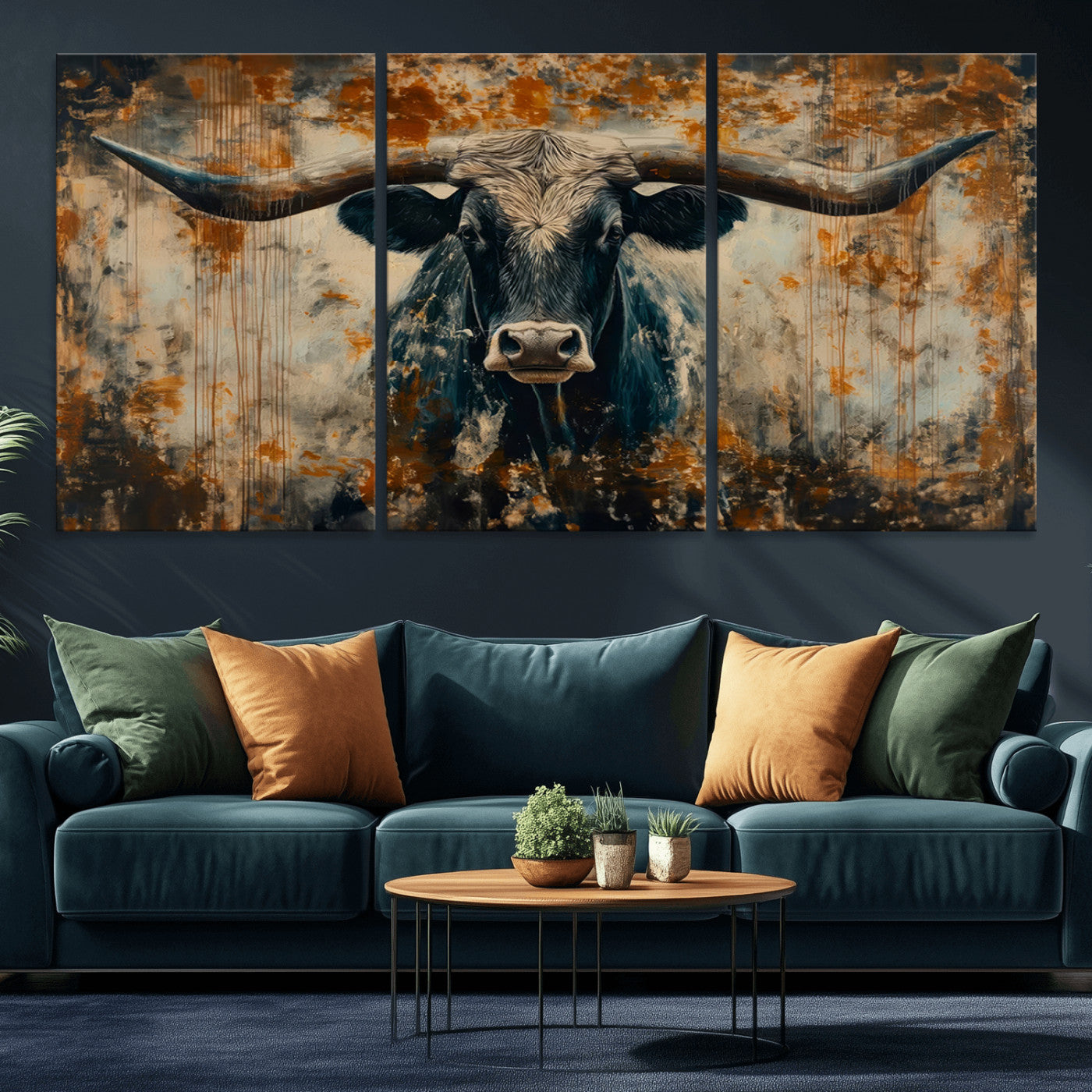 MGV-CV-60X30-3P - Abstract Longhorn Bull Wall Art | Rustic Western Wall Decor | Framed and Ready to Hang | Ideal for