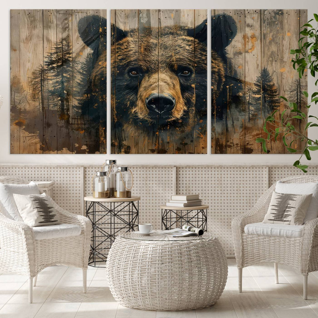 The Abstract 399 Bear Wall Art, featuring a rustic cabin theme with forest design, is framed and ready to hang. It's ideal for lodge, cabin, and barn decor and perfectly complements the nature lover's aesthetic.