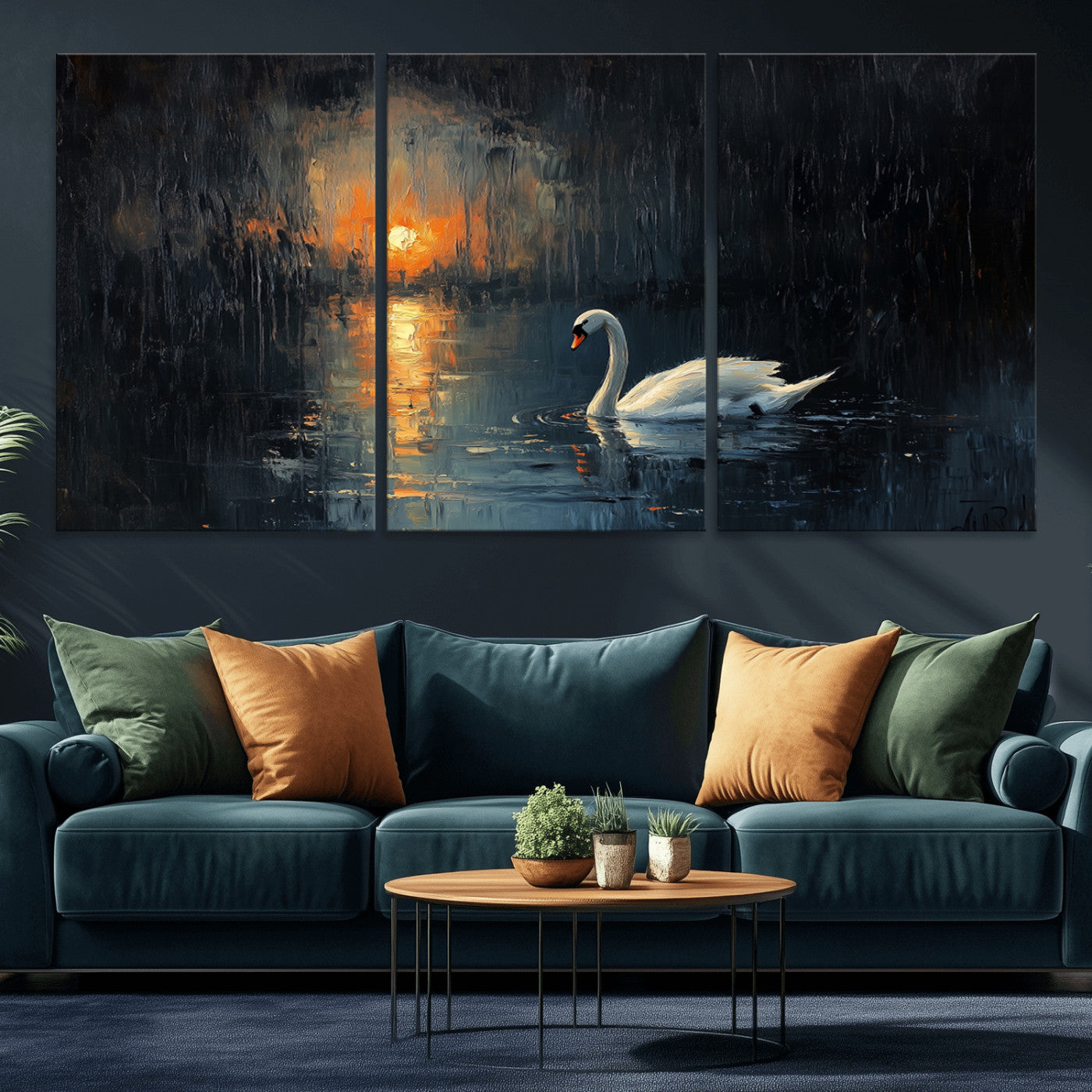MGV-CV-60X30-3P - Abstract Swan on Water Wall Art Canvas Print - Elegant Nature Scene for Modern Home Decor